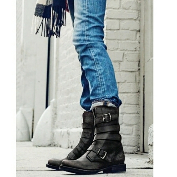 Frye Shoes - Frye Veronica Tanker Combat & Moto Boots - Black Leather